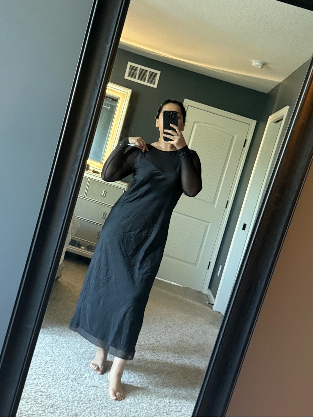 Dkny Black Long Sleeve Mesh Overlay Maxi Dress